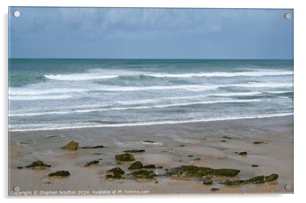 Rocks on the beach, Watergate Bay. Acrylic by Stephen Noulton