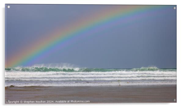 Rainbow at Watergate Bay Beach Acrylic by Stephen Noulton