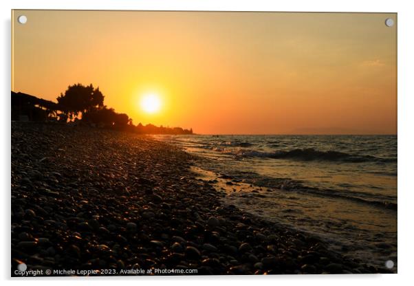 Rhodes Beach Sunset and Pebbles Acrylic by Michele Leppier