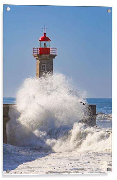 Storm waves over the Lighthouse Acrylic by Olga Peddi