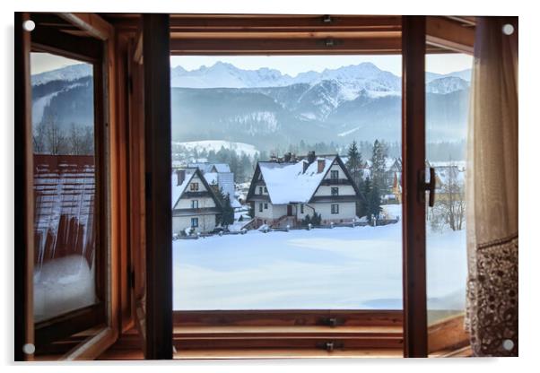 Beautiful view from an open window to a winter vil Acrylic by Olga Peddi