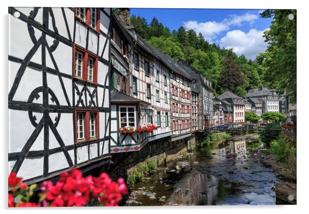 Medieval fachwerk houses in Monschau Old town, Ger Acrylic by Olga Peddi