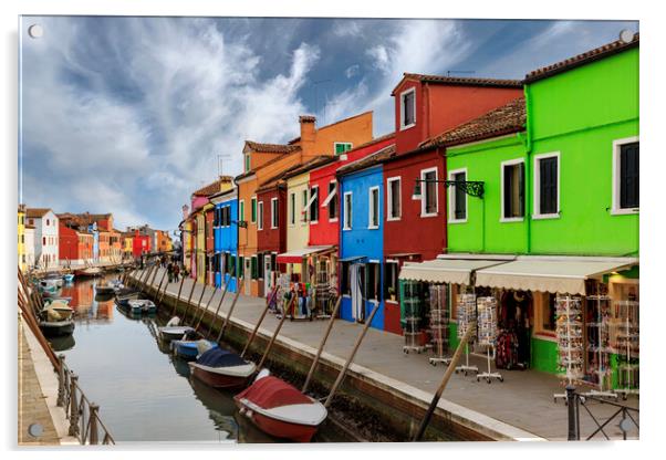 Colorful houses and canal on Burano island, near V Acrylic by Olga Peddi