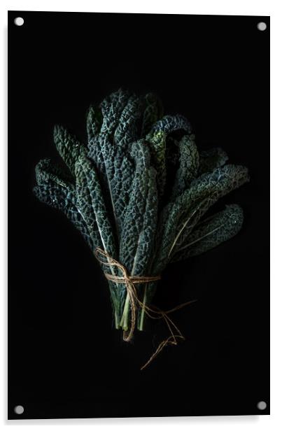 Bouquet of green Kale leaves on a dark background. Acrylic by Olga Peddi