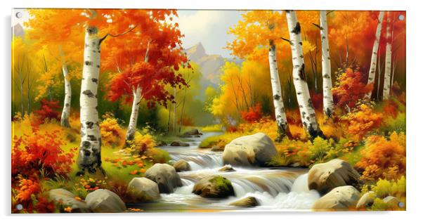 Autumn Woodland Stream Painting Acrylic by T2 