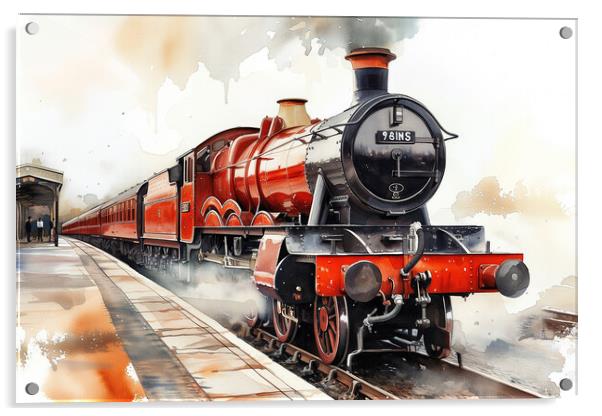 Red Steam Train Watercolour Acrylic by T2 