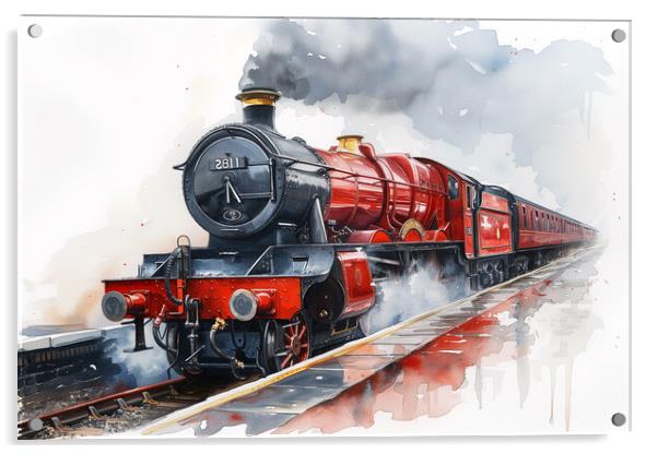 Red Steam Train Watercolour Acrylic by T2 