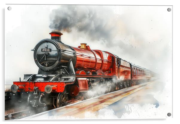 Red Steam Train Watercolour Acrylic by T2 
