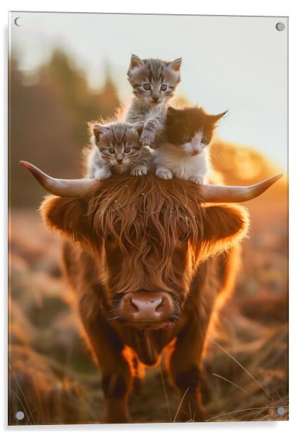 Scottish Highland Cow and Three Kittens Acrylic by T2 