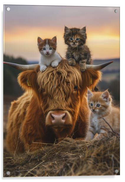 Scottish Highland Cow and Three Kittens Acrylic by T2 