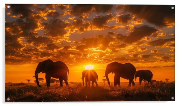 Elephants in the African Sunset Acrylic by T2 