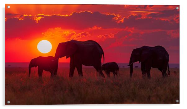 Elephants in the African Sunset Acrylic by T2 