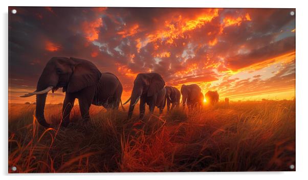 Elephants in the African Sunset Acrylic by T2 