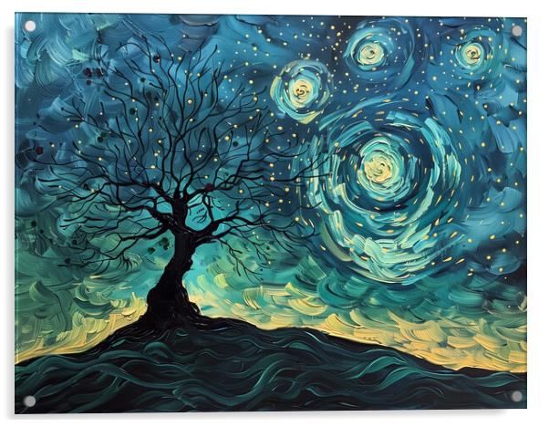 Lone Tree and Swirl Night Sky Painting Acrylic by T2 