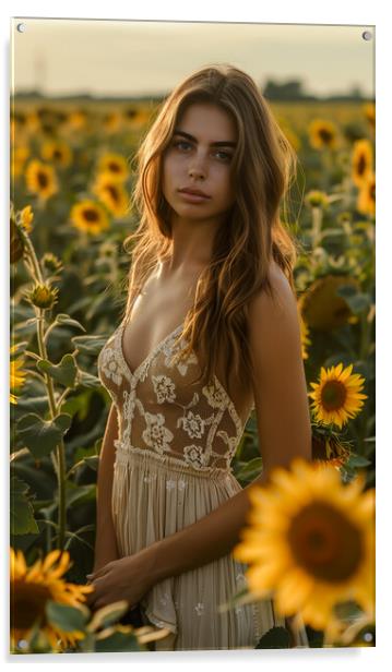 Beautiful woman in a field of Sunflowers Acrylic by T2 