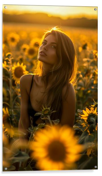 Beautiful woman in a field of Sunflowers Acrylic by T2 