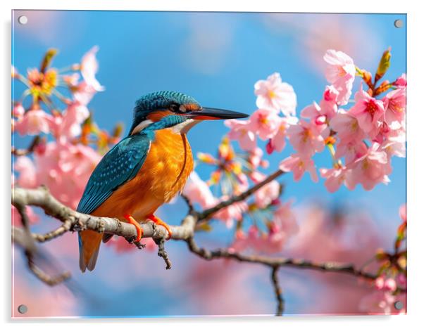 Kingfisher standing on a branch of Cherry Blossom Acrylic by T2 