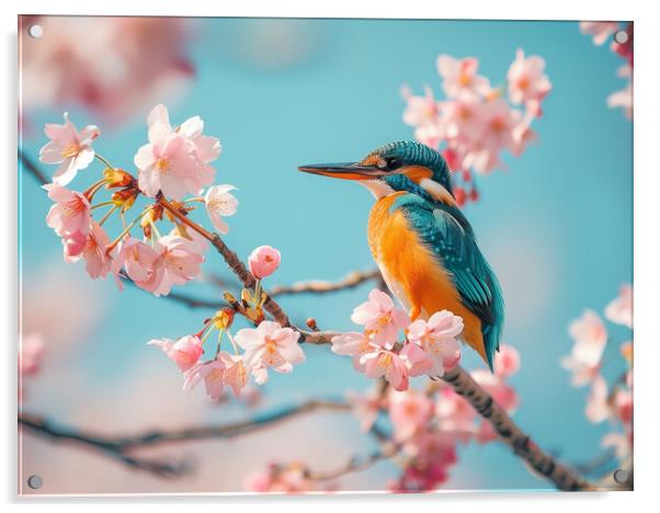 Kingfisher standing on a branch of Cherry Blossom Acrylic by T2 
