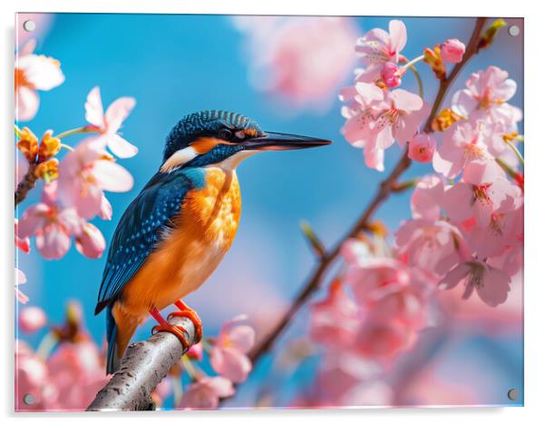 Kingfisher standing on a branch of Cherry Blossom Acrylic by T2 