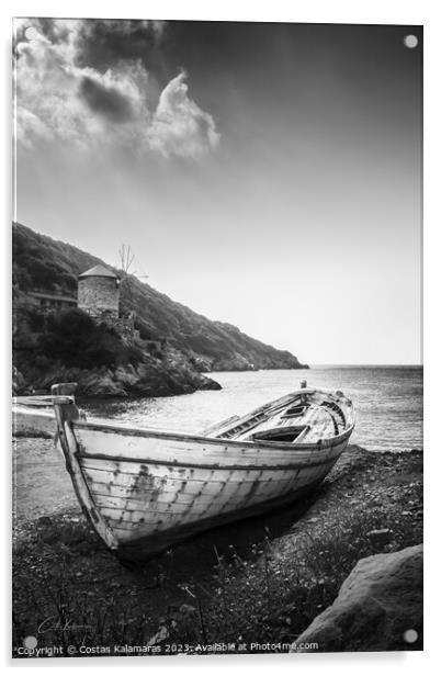 Abandoned Boat by the Greek Seaside Acrylic by Costas Kalamaras