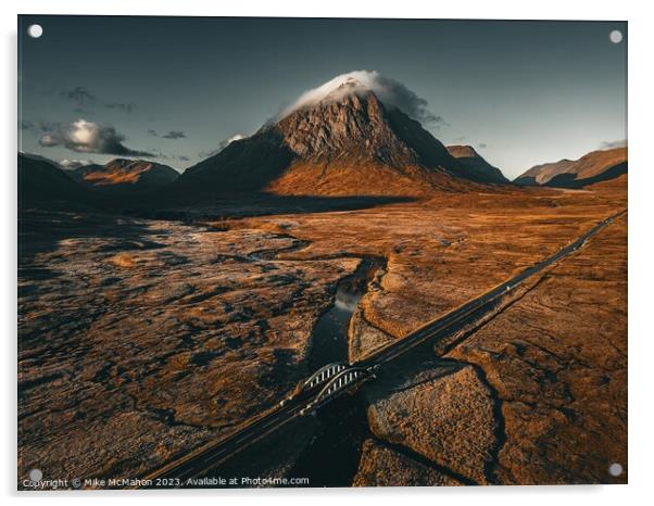Aerial view of Buachaille etive mor , A82 Glencoe bridge  Acrylic by Mike McMahon