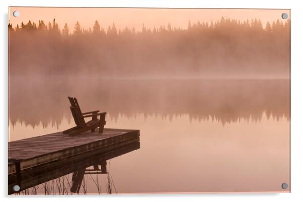chair on dock, Glad Lake, Duck Mountain Provincial Park Acrylic by Dave Reede
