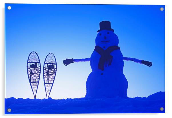 snowman  beside snowshoes Acrylic by Dave Reede