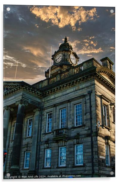 Historic building with clock tower against a dramatic sunset sky in Lancaster. Acrylic by Man And Life