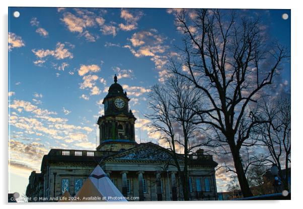 Historic building with clock tower at dusk, silhouetted trees in foreground, pink clouds in blue sky in Lancaster. Acrylic by Man And Life