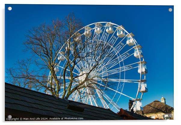 Ferris wheel against a clear blue sky, partially obscured by a rooftop, with bare trees in the background in Lancaster. Acrylic by Man And Life