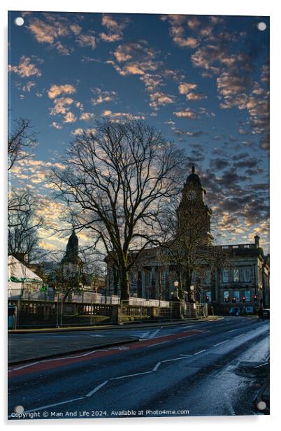 Historic building at dusk with dramatic sky and bare tree silhouette in Lancaster. Acrylic by Man And Life