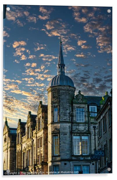 Historic building with a spire against a dramatic sky with golden sunset clouds in Lancaster. Acrylic by Man And Life