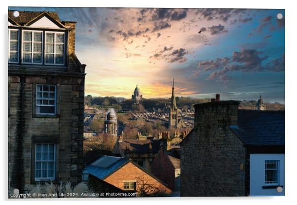 Picturesque sunset over a historic cityscape with silhouetted buildings and dramatic clouds in Lancaster. Acrylic by Man And Life