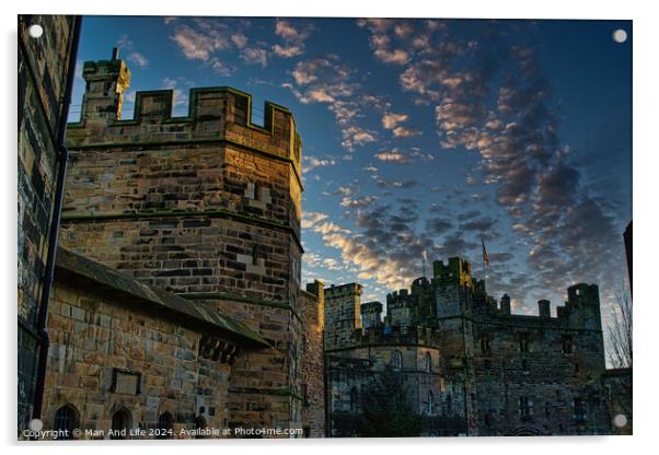 Medieval castle at dusk with dramatic sky and clouds in Lancaster. Acrylic by Man And Life