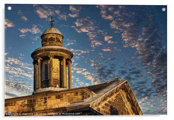 Historic stone building with a dome under a blue sky with scattered clouds at sunset in Lancaster. Acrylic by Man And Life