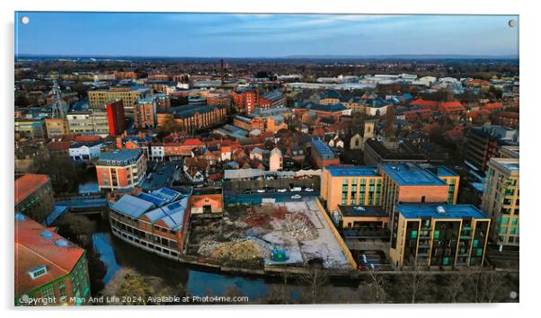 Aerial view of a modern cityscape during sunset with buildings and a river in York, North Yorkshire Acrylic by Man And Life