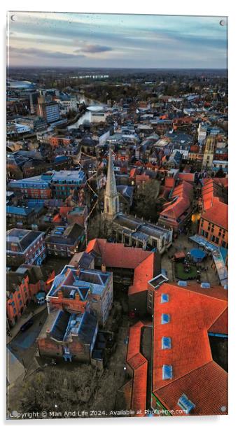 Aerial view of a historic town at dusk with prominent church spire and terracotta rooftops against a moody sky in York, North Yorkshire Acrylic by Man And Life