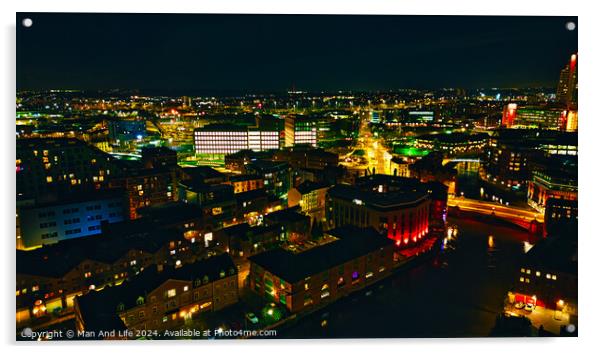 Aerial night view of a vibrant cityscape with illuminated buildings and streets in Leeds, UK. Acrylic by Man And Life