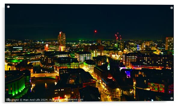 City skyline at night with illuminated buildings and vibrant urban lights in Leeds, UK. Acrylic by Man And Life