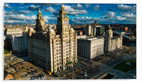 Aerial view of historic urban architecture with iconic buildings under a cloudy sky in Liverpool, UK. Acrylic by Man And Life