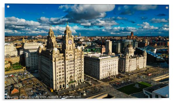 Aerial view of iconic historic buildings under a dramatic sky in Liverpool, UK. Acrylic by Man And Life