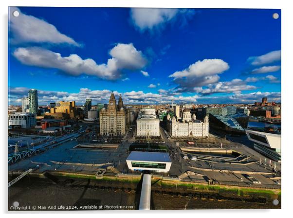 Panoramic view of a modern cityscape under a blue sky with fluffy clouds in Liverpool, UK. Acrylic by Man And Life