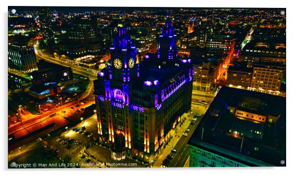 Illuminated historic building at night in urban skyline in Liverpool, UK. Acrylic by Man And Life