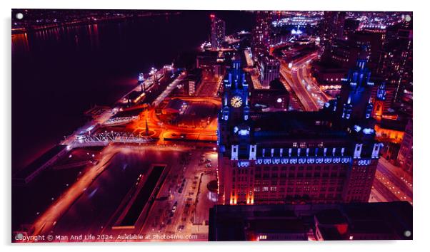 Aerial night view of a cityscape with illuminated streets and buildings in Liverpool, UK. Acrylic by Man And Life