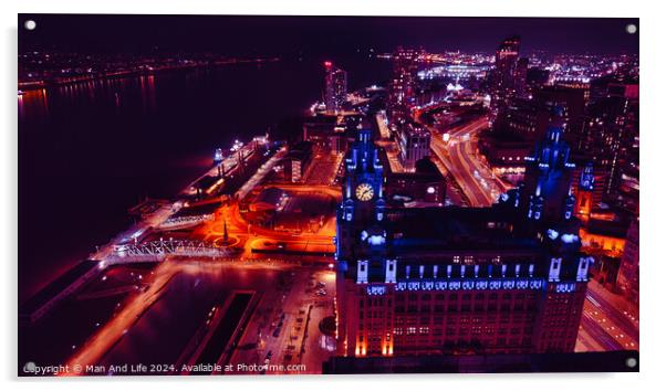 Aerial night view of a vibrant cityscape with illuminated streets and buildings in Liverpool, UK. Acrylic by Man And Life