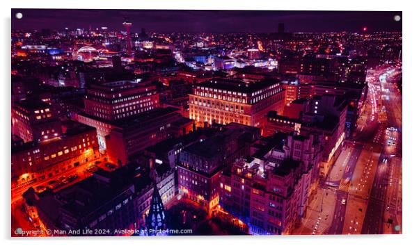 Aerial night view of a vibrant cityscape with illuminated streets and buildings in Liverpool, UK. Acrylic by Man And Life