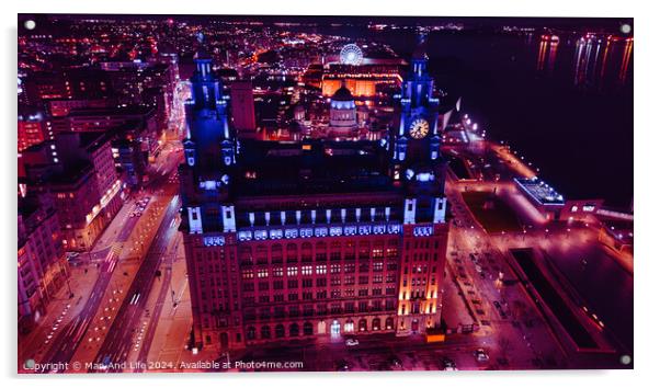 Aerial night view of an illuminated urban cityscape with skyscrapers and a waterfront in Liverpool, UK. Acrylic by Man And Life