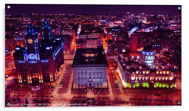 Aerial night view of a vibrant cityscape with illuminated buildings and streets in Liverpool, UK. Acrylic by Man And Life