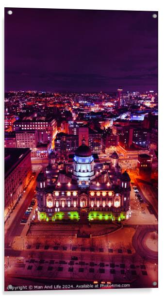 Aerial night view of a cityscape with illuminated buildings and vibrant urban lights in Liverpool, UK. Acrylic by Man And Life