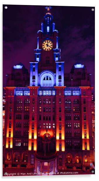 Illuminated historic building at night with clock tower against a twilight sky in Liverpool, UK. Acrylic by Man And Life